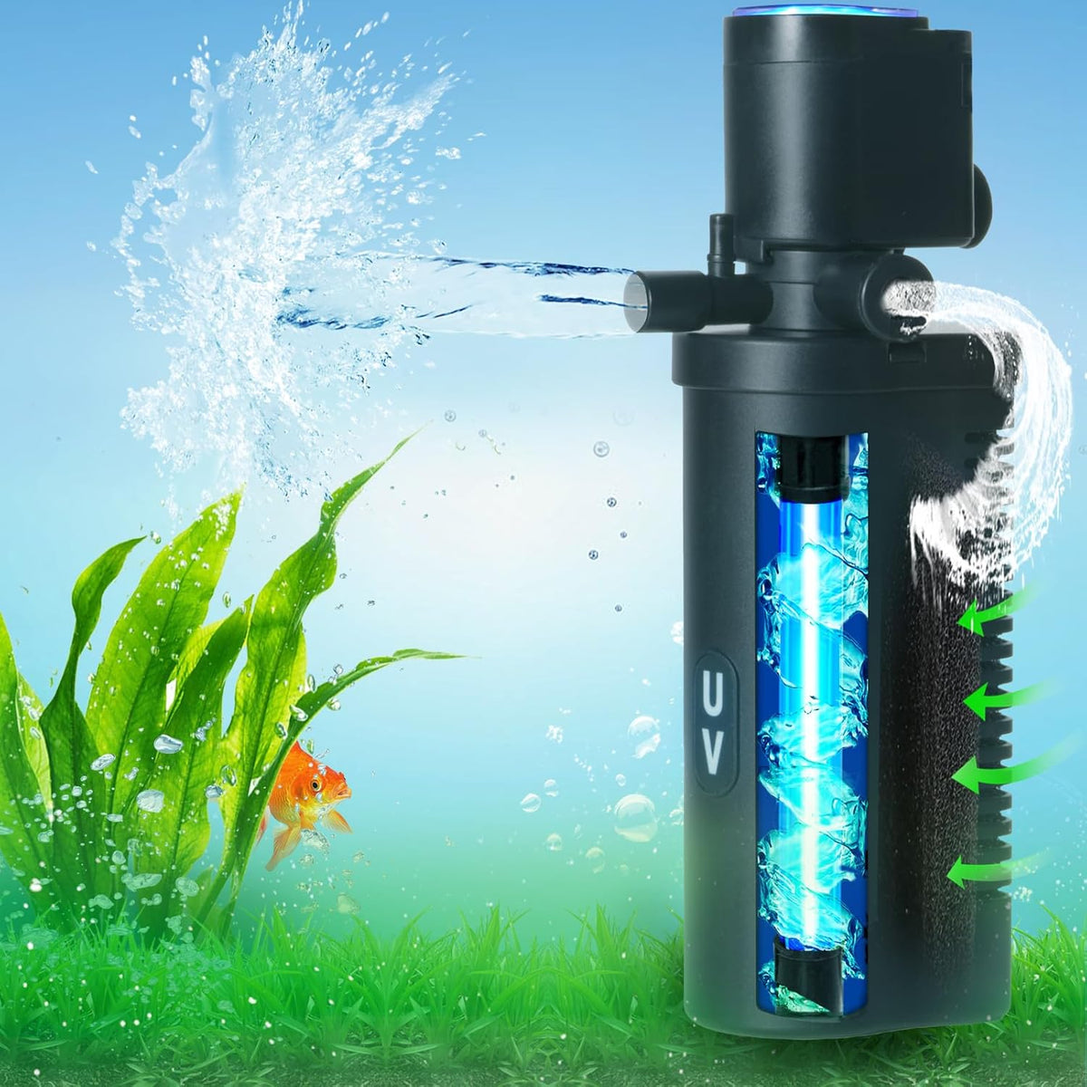 200GPH Aquarium Filter, U-V for Aquarium for 20-75 Gal Tank - Small Aquarium Filter for 10-40 Gallon / Black