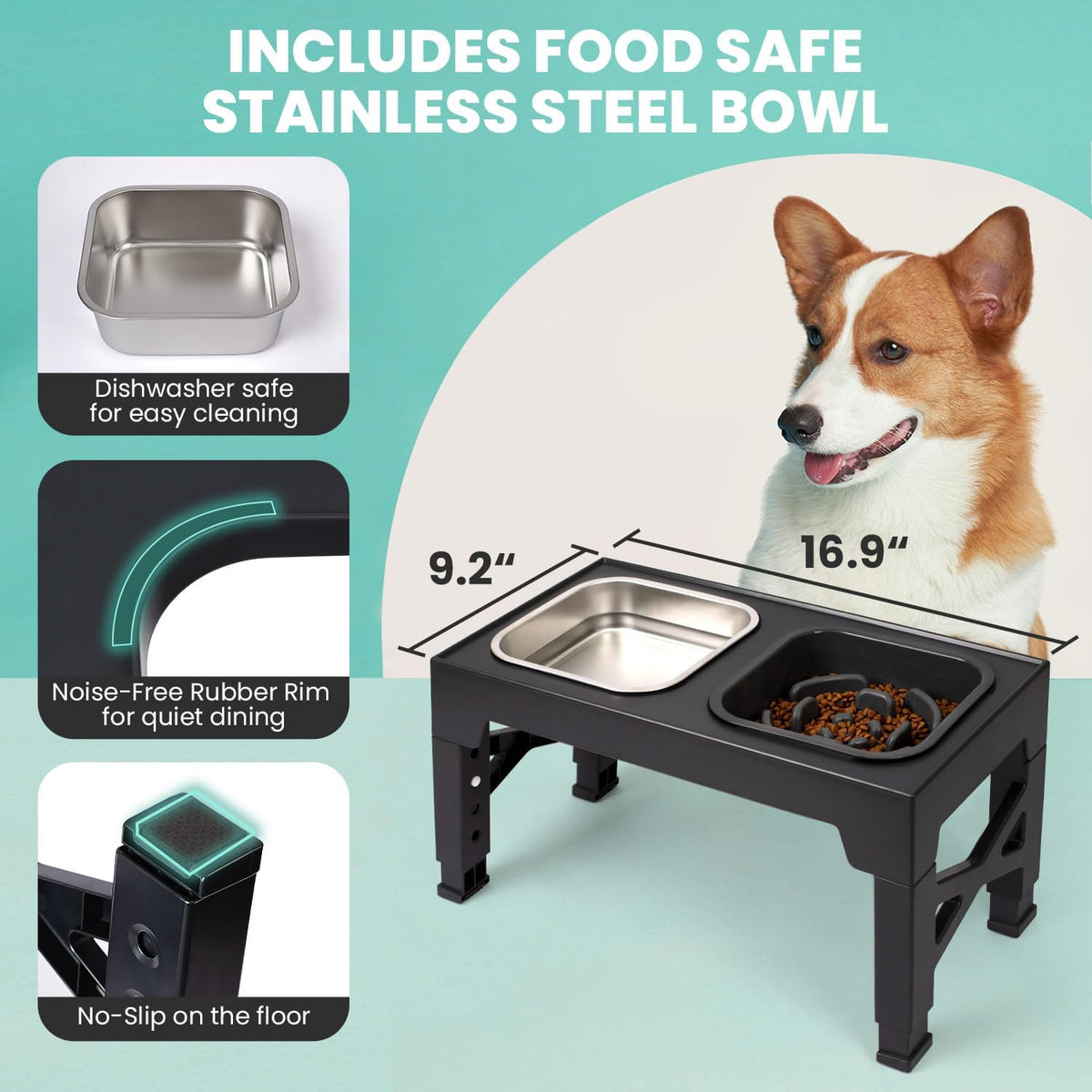 Elevated Dog Bowls with 2 Stainless Steel Dog Food Bowls - Black / Square Slow Feeder - image 2