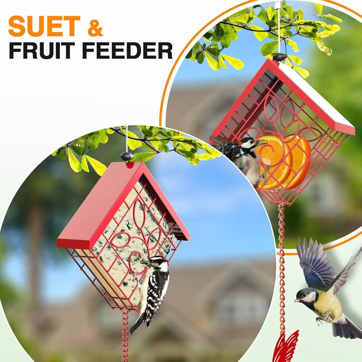 FlowaFoli red metal suet bird feeder with roof and hanging wire - view 3