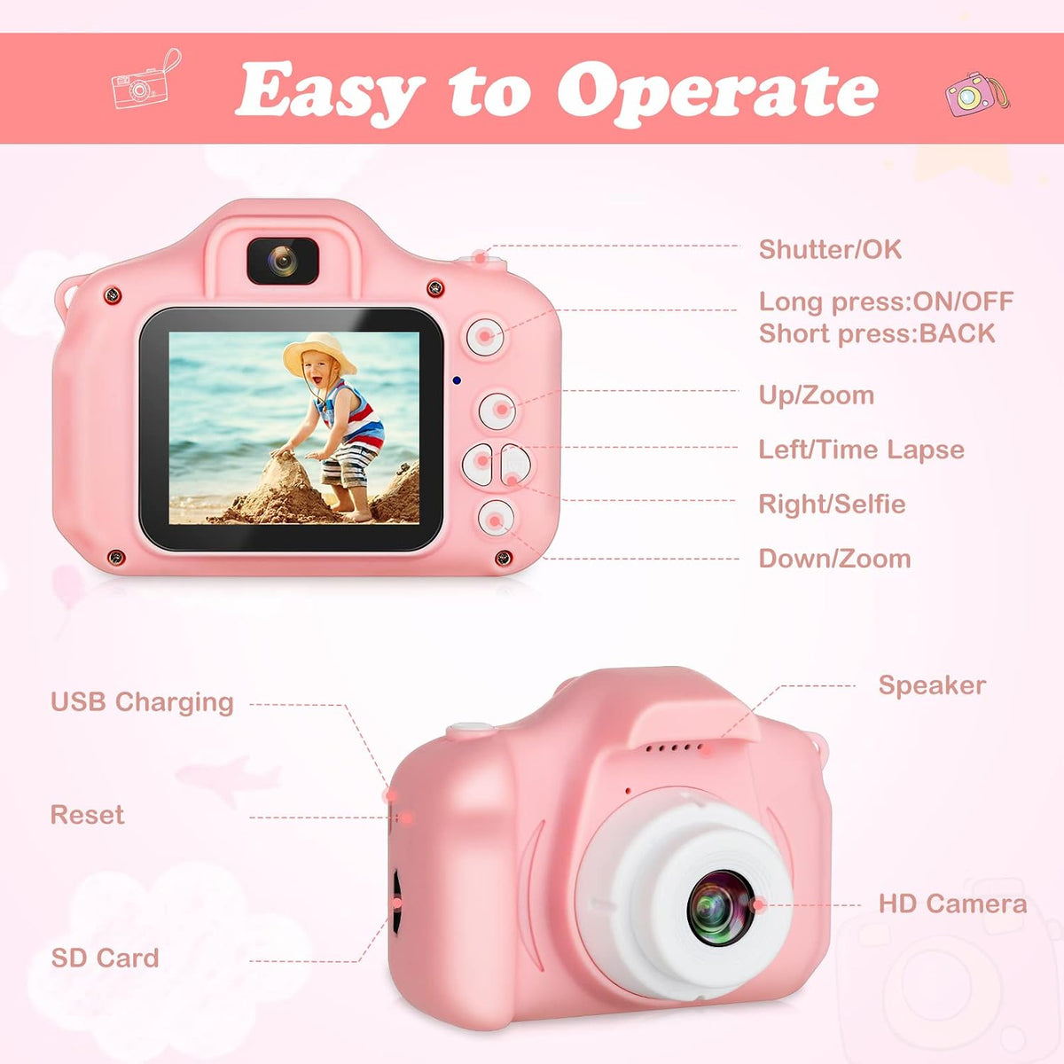 Zeacool Kids Camera, HD Digital Video Camera - Pink - image 2