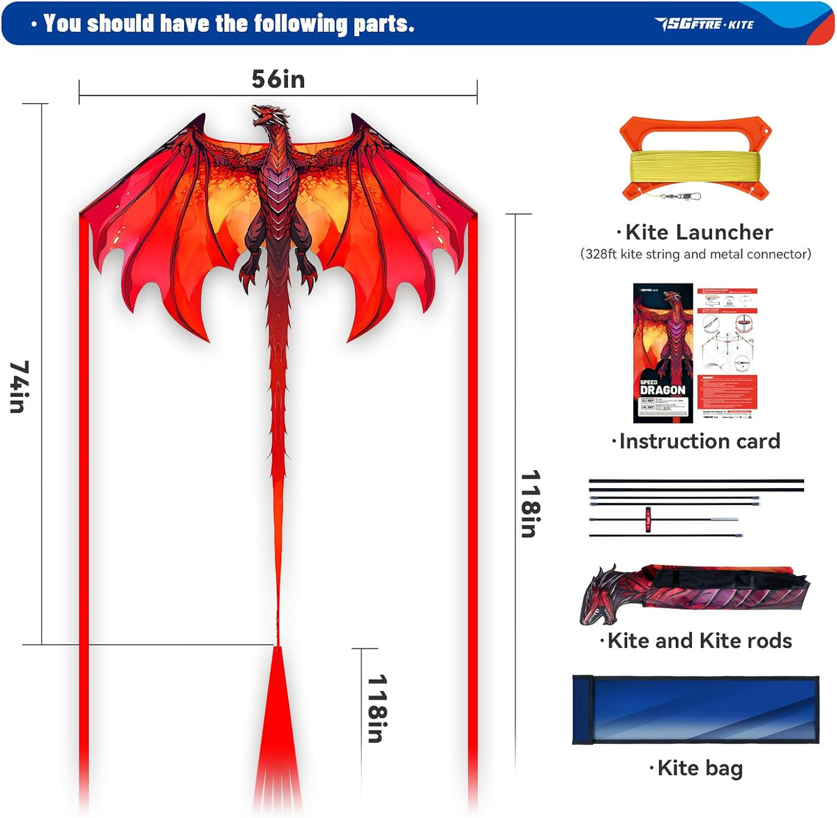SGftre Complete Kite with Handle, Line & Accessories - 1 / Speed Dragon Red - image 4