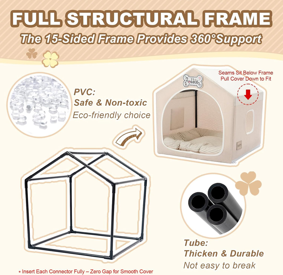 Indoor Dog House with Frame, Cute Dog Tent Bed with Cover Cave - Medium ( 17" × 17" × 17" ) / Beige - image 3