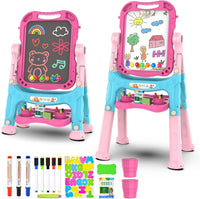 Amagoing Easel for Kids, Adjustable Standing Art Easel for Toddler, Double Side White Chalk Board - Pink Blue