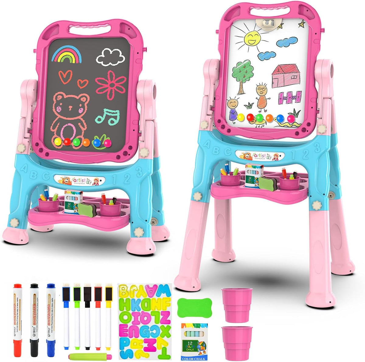 Amagoing Easel for Kids, Adjustable Standing Art Easel for Toddler, Double Side White Chalk Board - Pink Blue