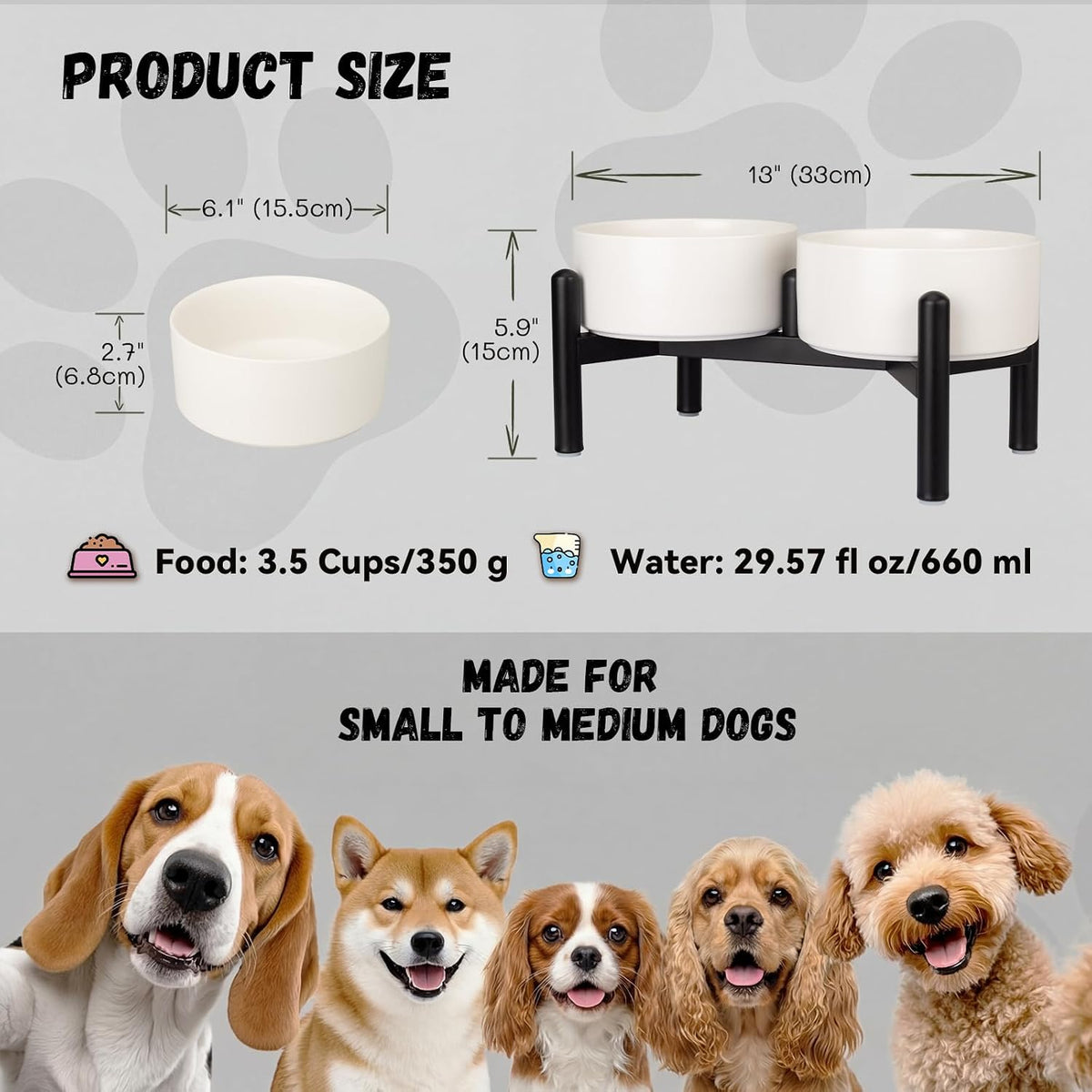 Raised Ceramic Dog Bowl Set with Stand - White / 2 Bowls - 3.5 Cups Each - image 2