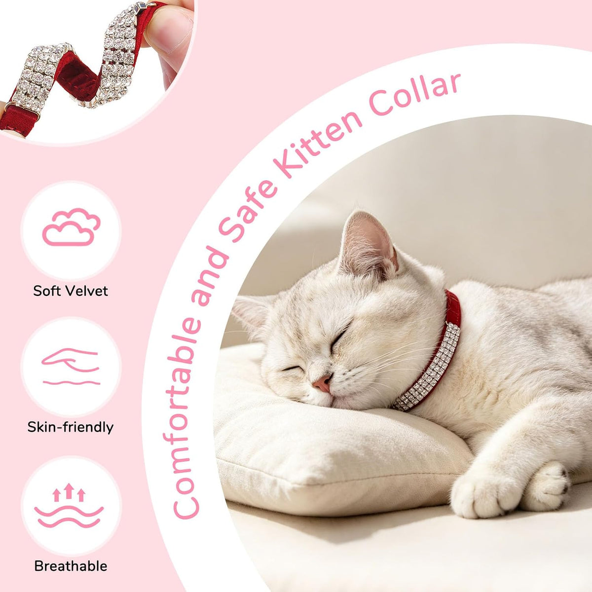 BINGPET Diamond Cat Collar with Bell, Adjustable Kitten Collar - Red(Rhinestones) / Neck Girth 8"-10" - image 2