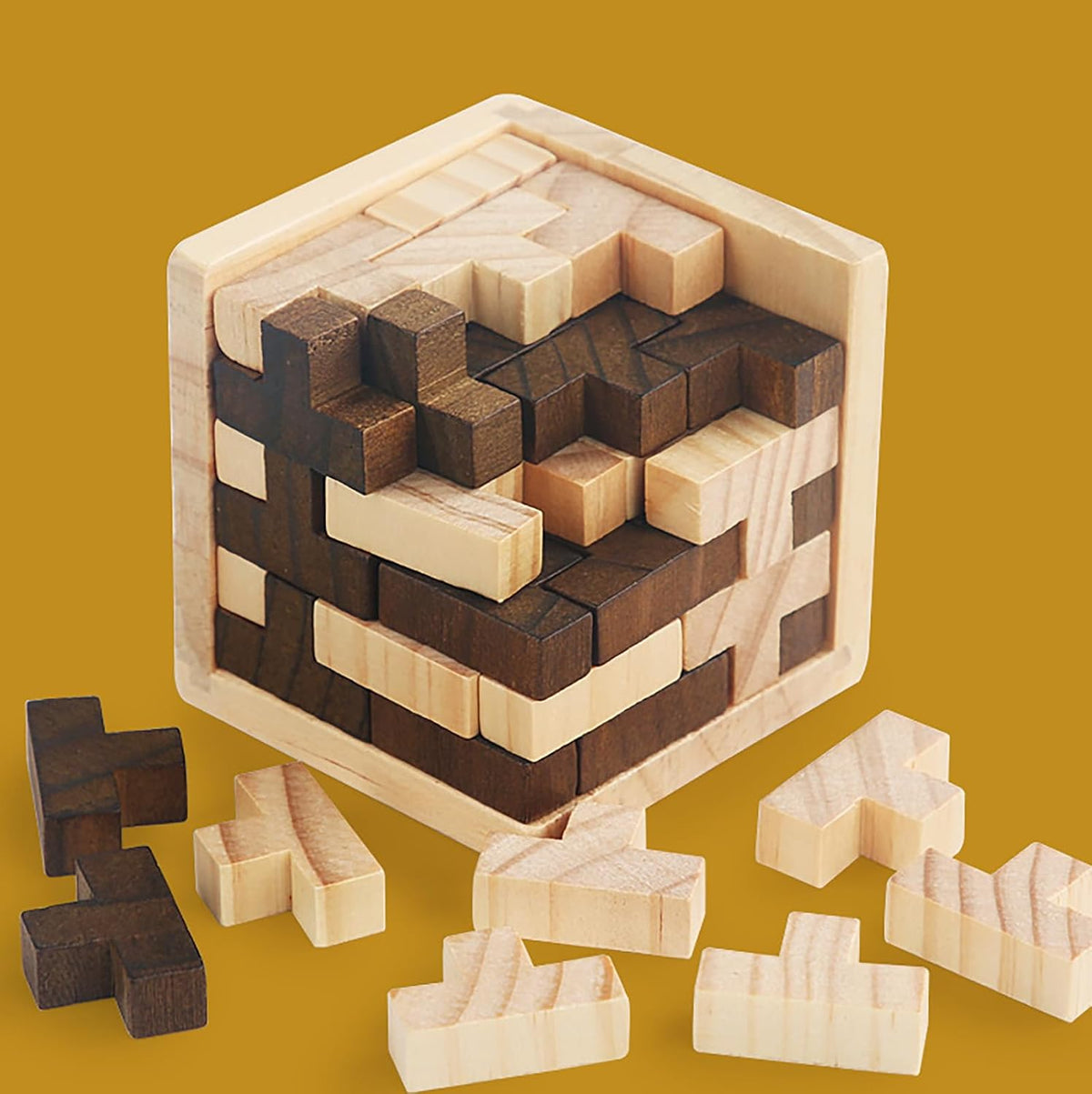 Wooden Brain Teaser Puzzles Cube Stocking Stuffers Wooden Puzzles - Brown and Natural - image 3