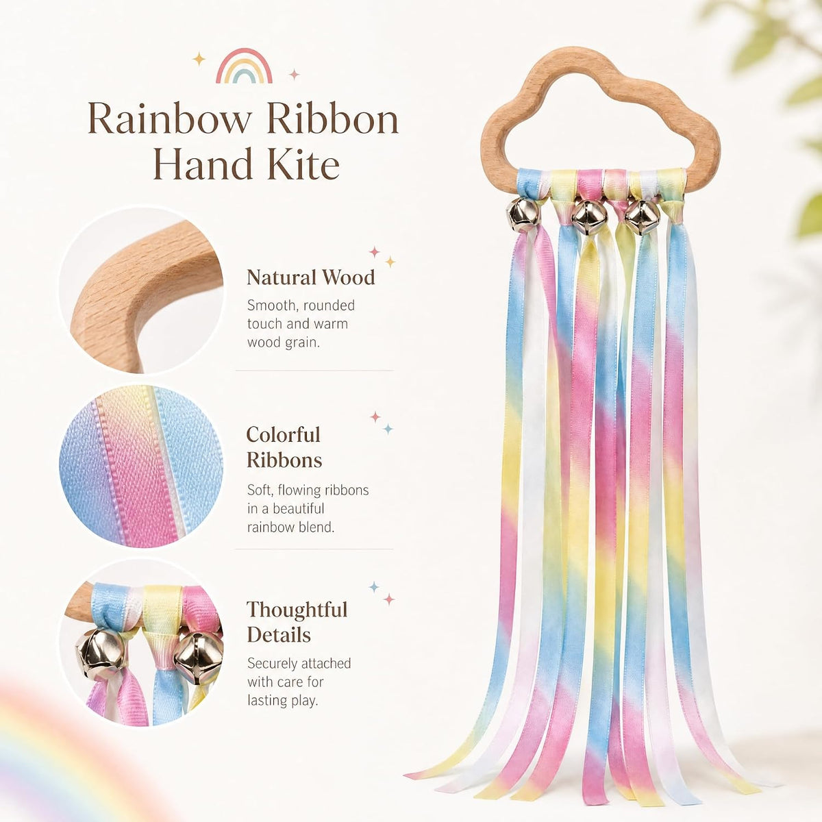 MEROCO 2-pack rainbow ribbon wands with natural wood rings and six fabric ribbons each - view 17