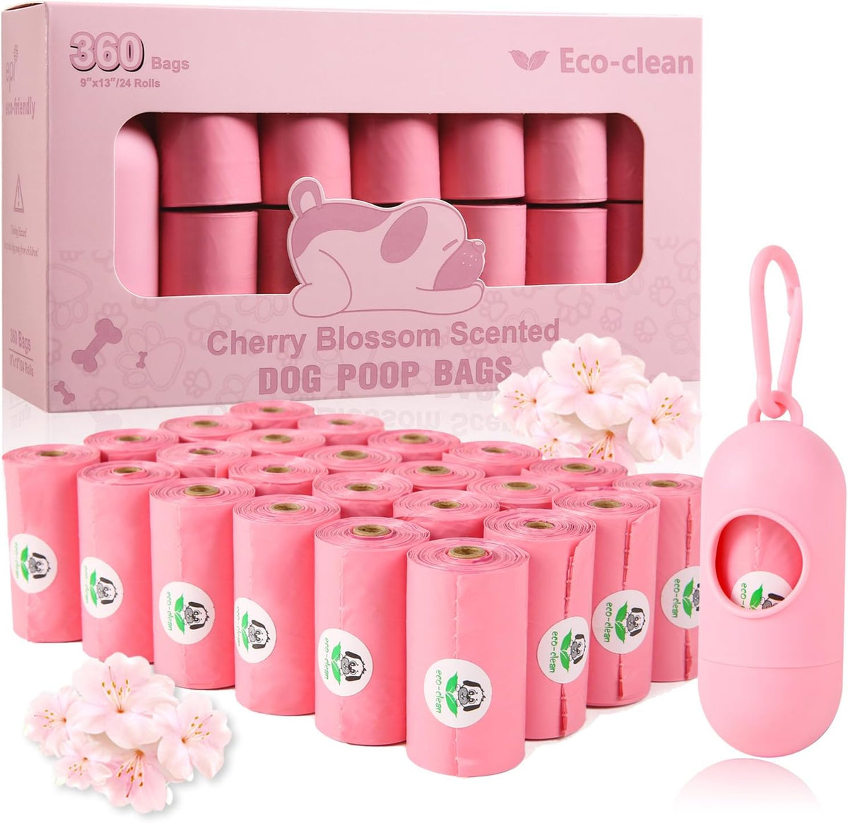 ECO-CLEAN Dog Poop Bags, 24 Rolls/360 Bags with Dispenser – Essentials for Dogs - Pink-Scented