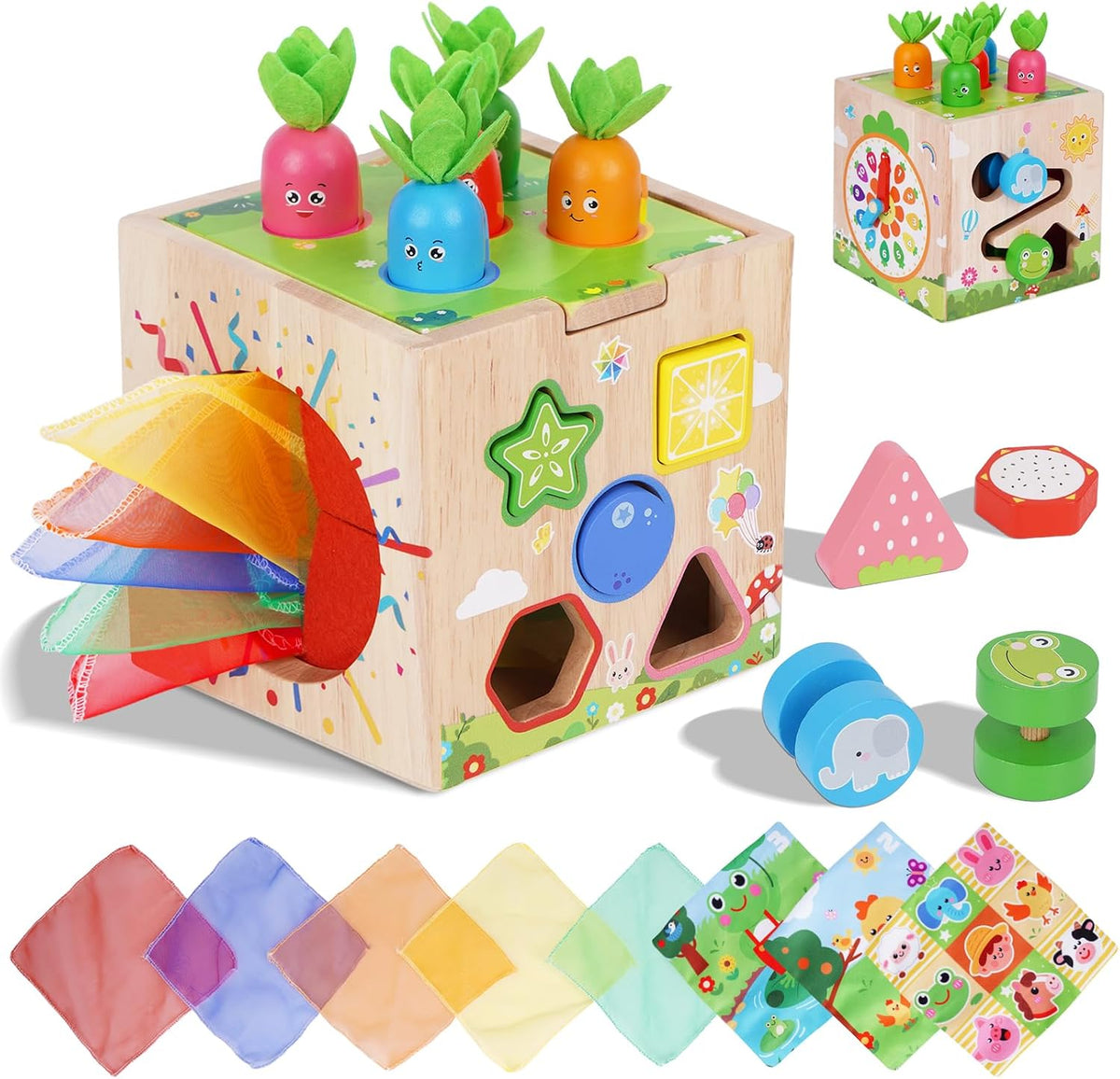 KMTJT 7-in-1 wooden activity cube with bead maze, learning clock and shape sorter - view 2