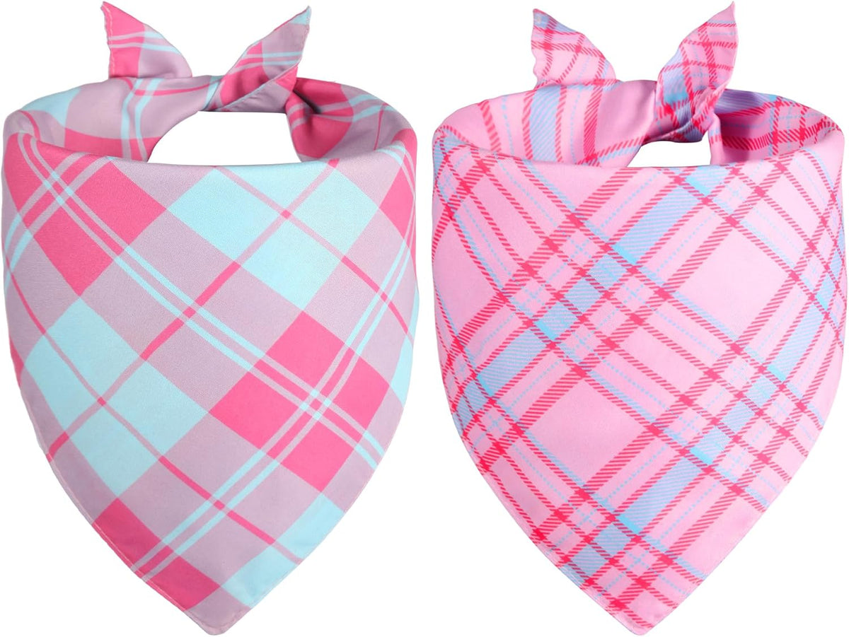 Pink Dog Bandanas Girl Large 2PCS, Summer Spring Plaid Scarf – Essentials for Dogs - pink pink blue-25 / X-Large