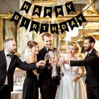 Happy Birthday Banner,Pre-Strung Black and Gold Party Decorations，16ft Pre-Strung Hanging Sign - black - image 3