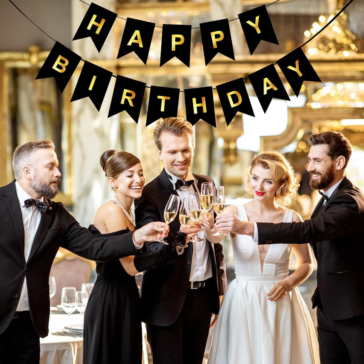 Happy Birthday Banner,Pre-Strung Black and Gold Party Decorations，16ft Pre-Strung Hanging Sign - black - image 3