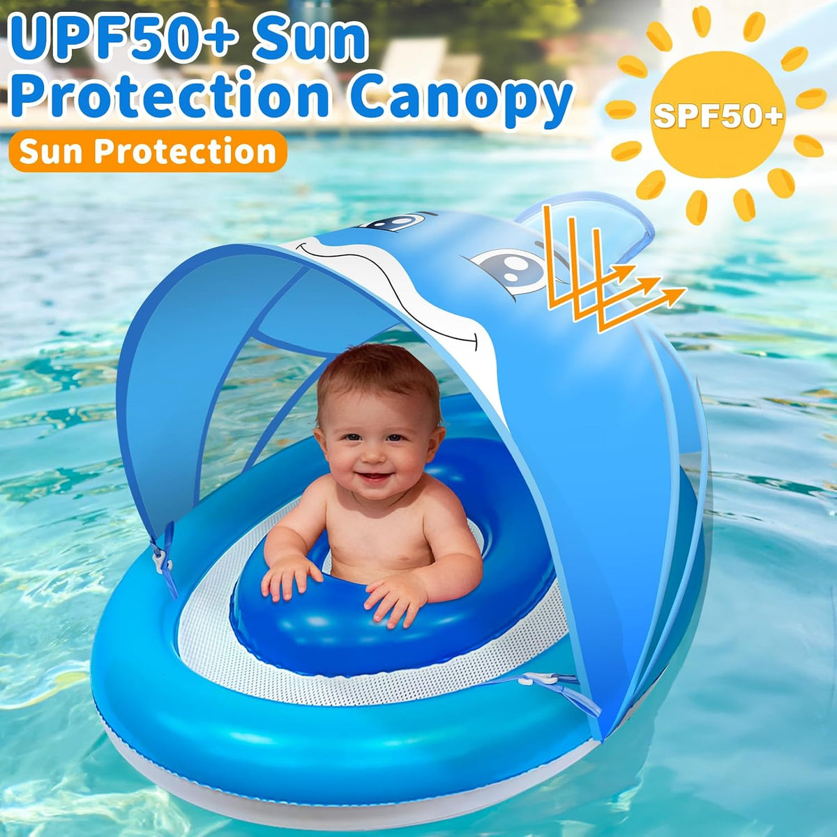 Dolphin Baby Float with Canopy UPF50+ for Age 6-36 Months Infant - Blue - image 3