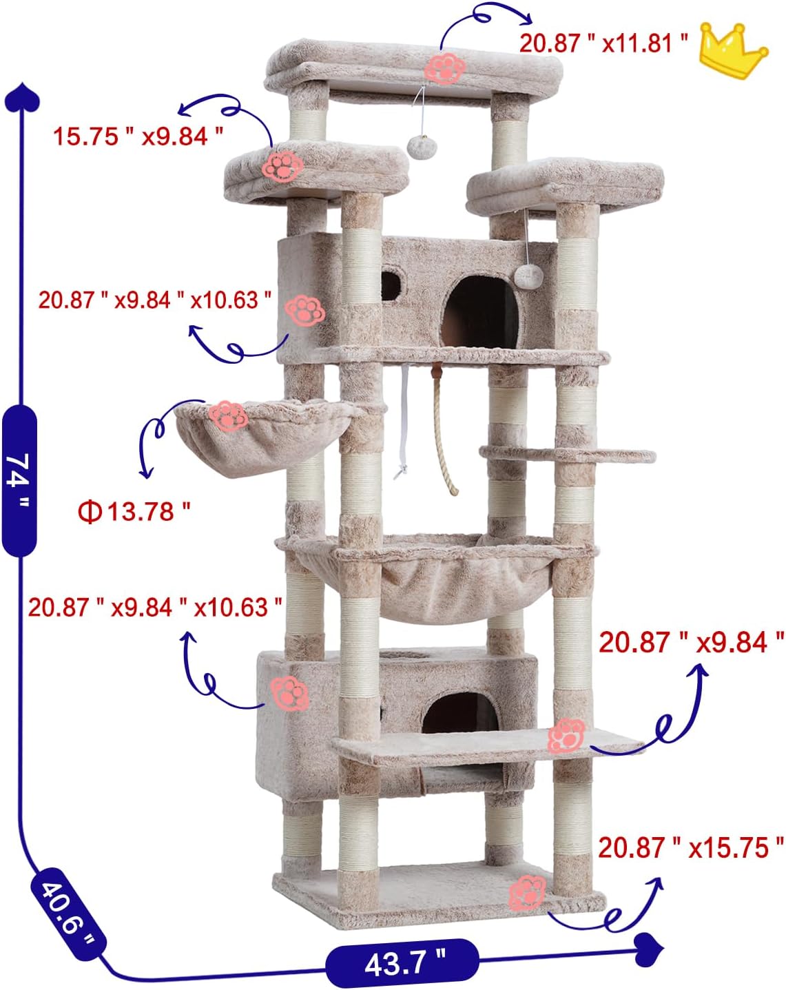Cat Tree, 74" Tower for Large Cats, Big Condo & Hammock GCT030G – Essentials for Cats - 74 inch / Muchroom - image 3