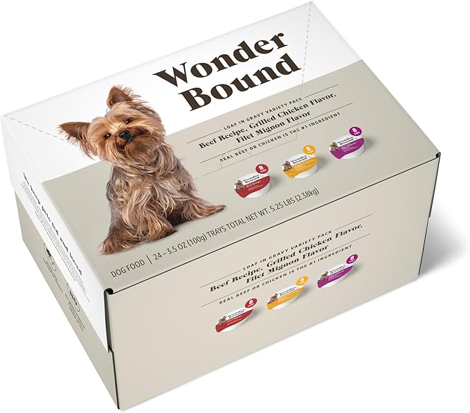 Amazon Brand - Wonder Bound Small Breed Wet Dog Food, Variety Pack (Beef Recipe, Grilled Chicken Flavor, Filet Mignon Flavor), Loaf in Gravy, 3.5 Ounce (Pack of 24)