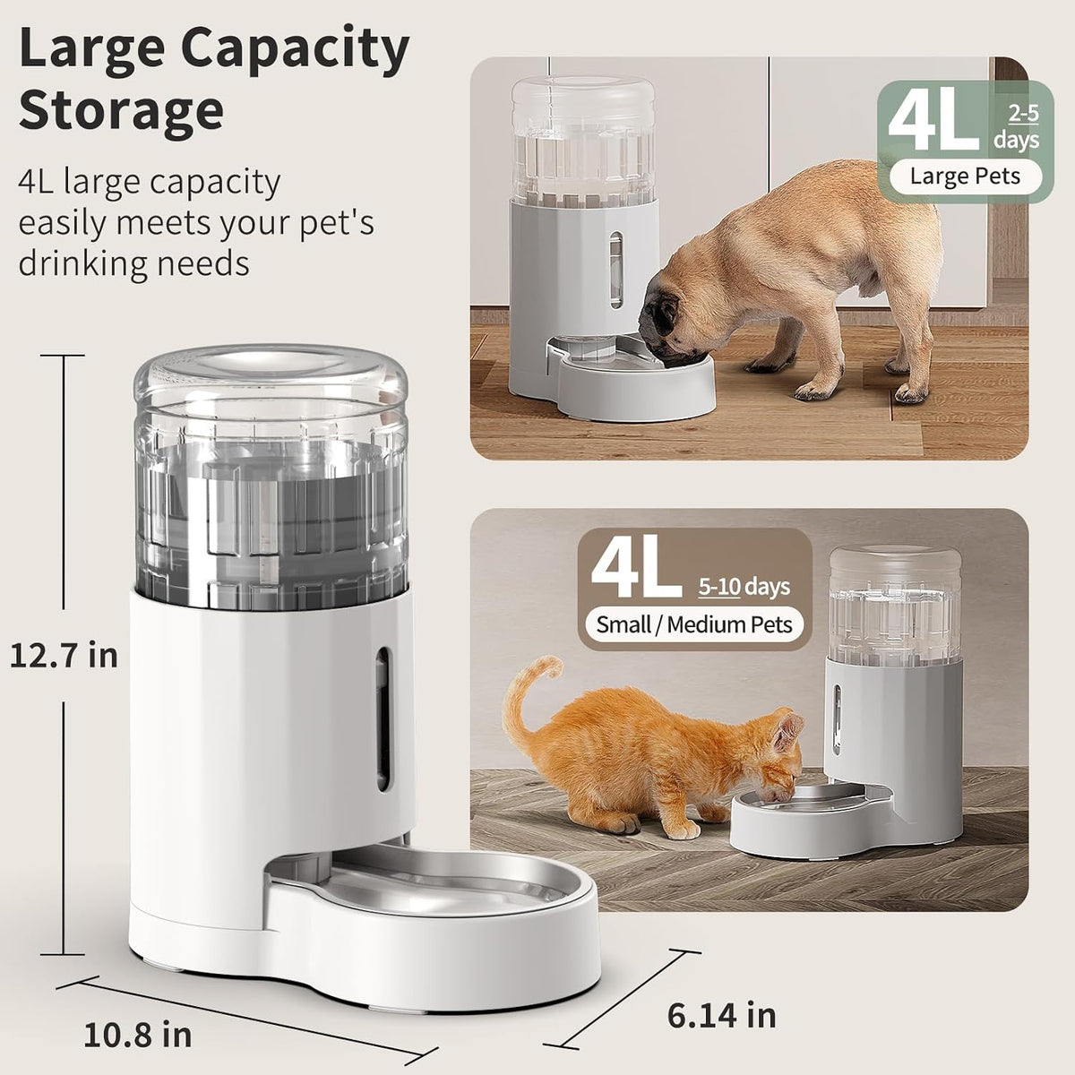JUNSPOW Cat Water Dispenser and Stainless Steel Bowl – Essentials for Cats - White / 4L Base - image 2