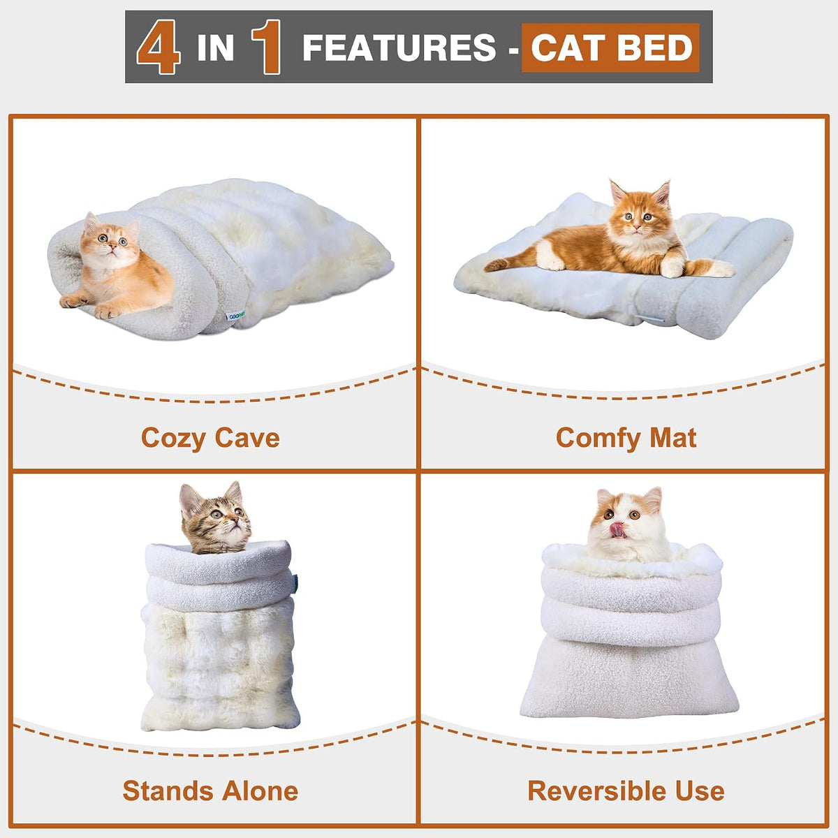 4 in 1 Self Warming Burrow Cat Bed Hideway Sleeping Cuddle Cave – Essentials for Cats - Style- Cream - image 4