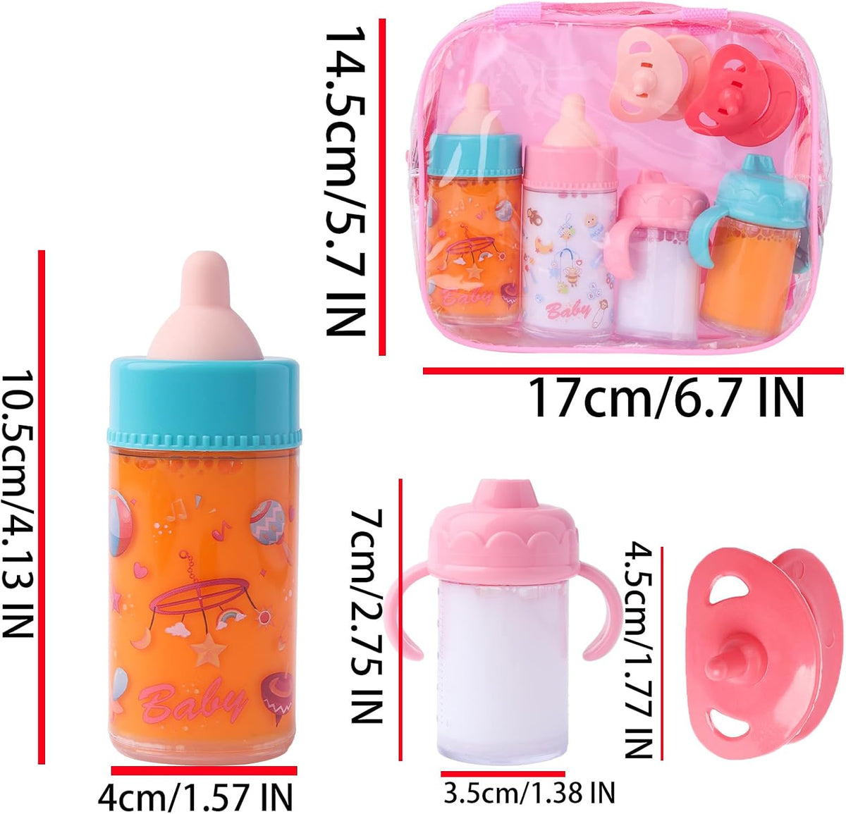 Beem Jun pink baby doll bottles and pacifiers set in a clear zippered bag - view 12