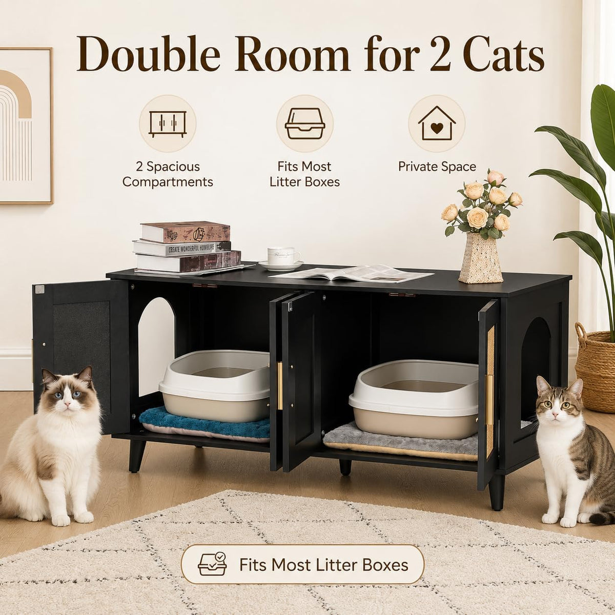 Boho Cat Litter Box Enclosure for 2 Cats, Green and Natural – Essentials for Cats - Black and Natural - image 4
