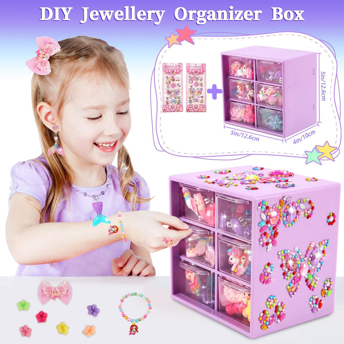 Drabac kids jewelry set with clip-on earrings, rings and necklaces in a purple organizer box - view 8