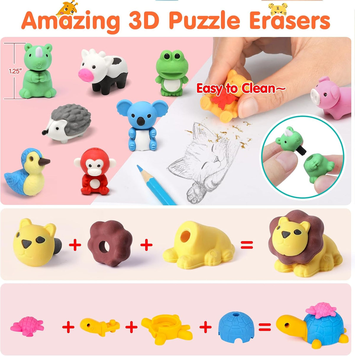 120 Pcs Animal Pencil Erasers, Desk Pets for Treasure Box - 34 - image 4