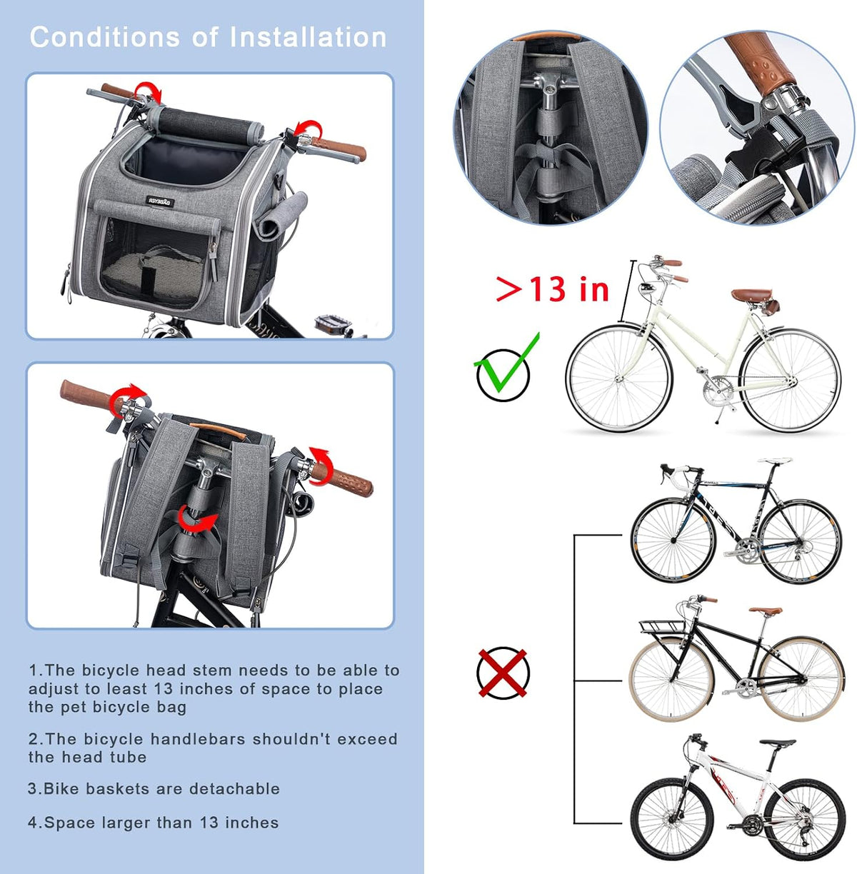 Dog Bike Basket, Expandable Soft-Sided Pet Carrier Backpack with 4 Open Doors, 4 Mesh Windows - Grey-Fits 6-15 Lbs - image 3