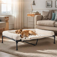 Veehoo Cooling Elevated Dog Bed Add Removable Deluxe Rose Plush Bolster Cushion Mat, 53" x 33" Washable Dog Couch Bed, Raised Pet Cot with Breathable Teslin Mesh, No-Slip Feet, White, CWC2439B