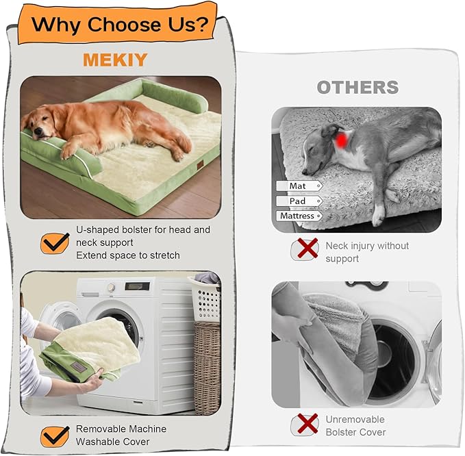 Large Dog Bed Orthopedic Washable - Beds Bolster - Extra XL XLarge Big Dogs - Memory Foam Couch Sofa - Waterproof with Removable Cover - Grass Green Dog Bed