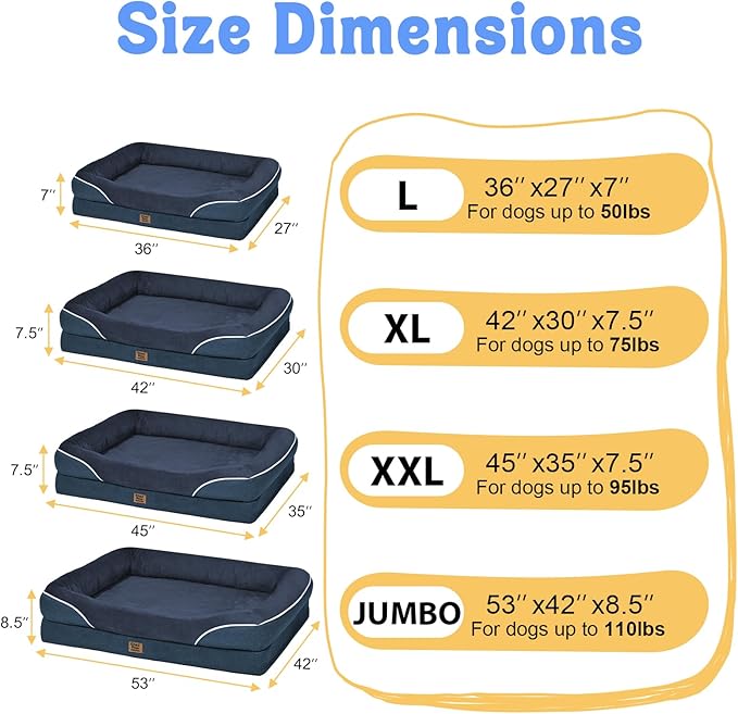 Washable Orthopedic Large Dog Bed - Removable Waterproof Cover with Bolster Machine Washable Extra Large Dog Bed Foam Support XL Large Big Pet Dogs Beds