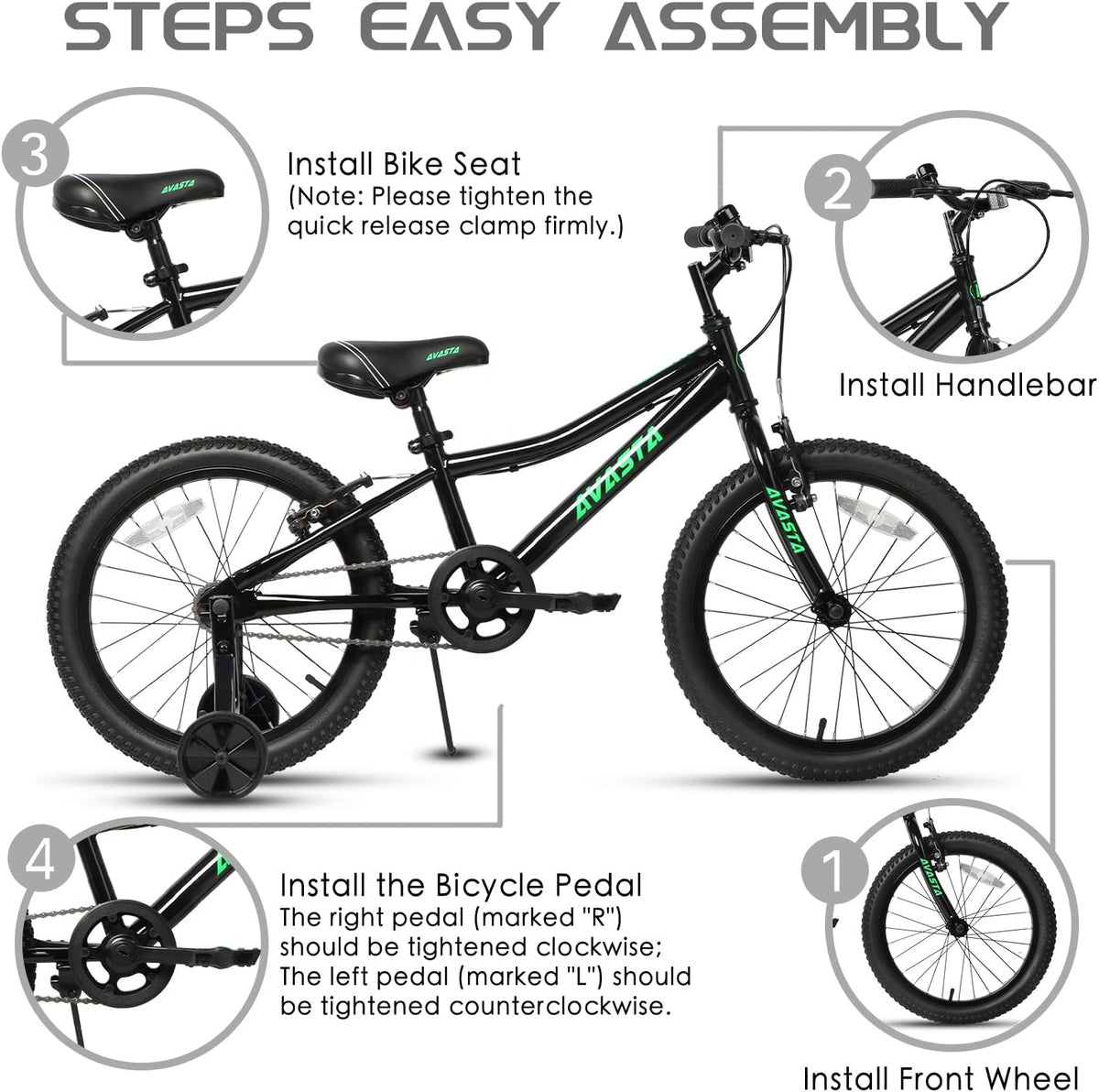 AVASTA Bilbo 18 20 24 Inch Kids Bike for Boys Girls Youth 5-14 Years - Black / 18 Inch with Kickstand & Training Wheels - image 2
