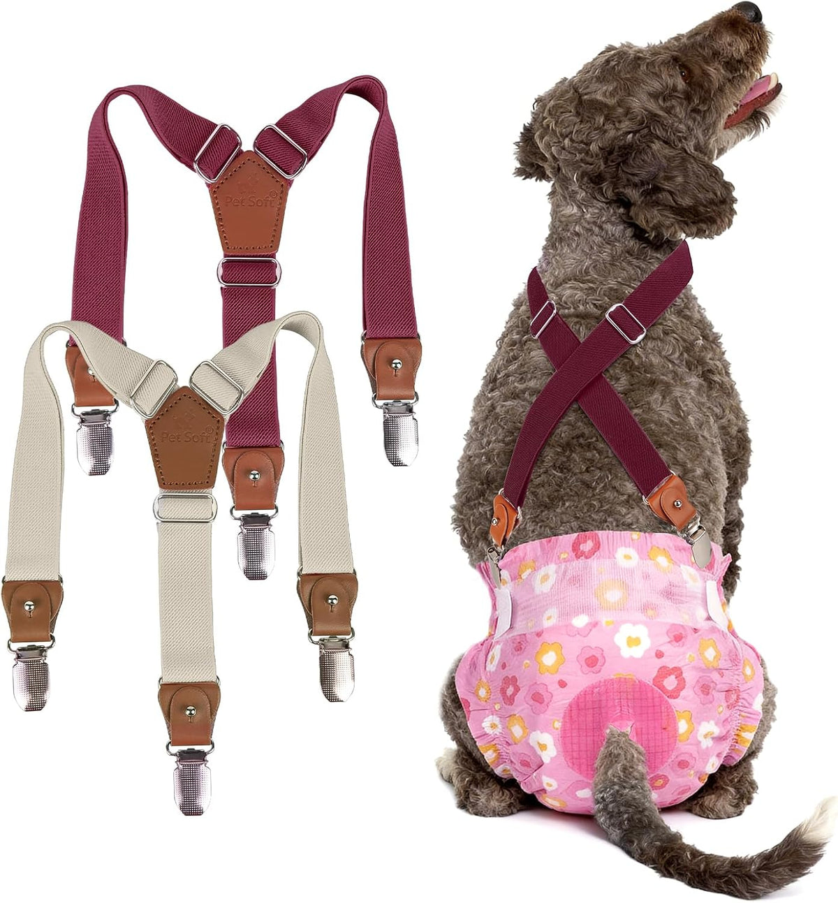 Pet Soft Dog Suspenders 2 Pieces Female Dog Diaper Suspenders - Brown & Burgundy / Small/Medium