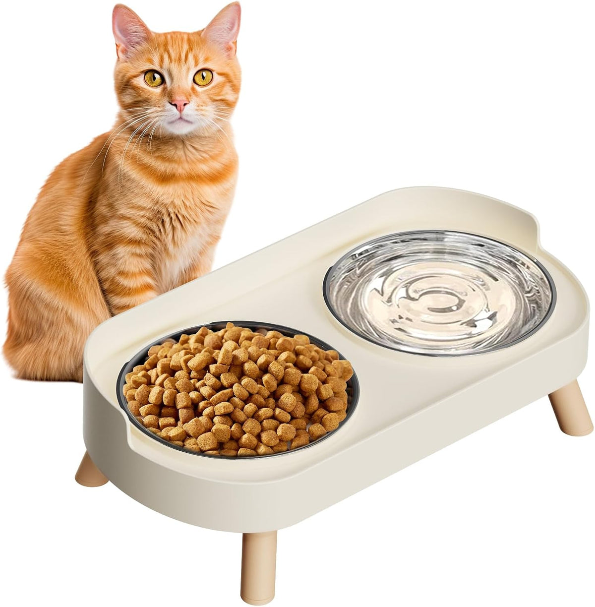 Elevated Cat Bowl, Raised Cat Food and Water Bowl Set for Indoor Cats, Splash Proof with 2 - Cat Bowls-White