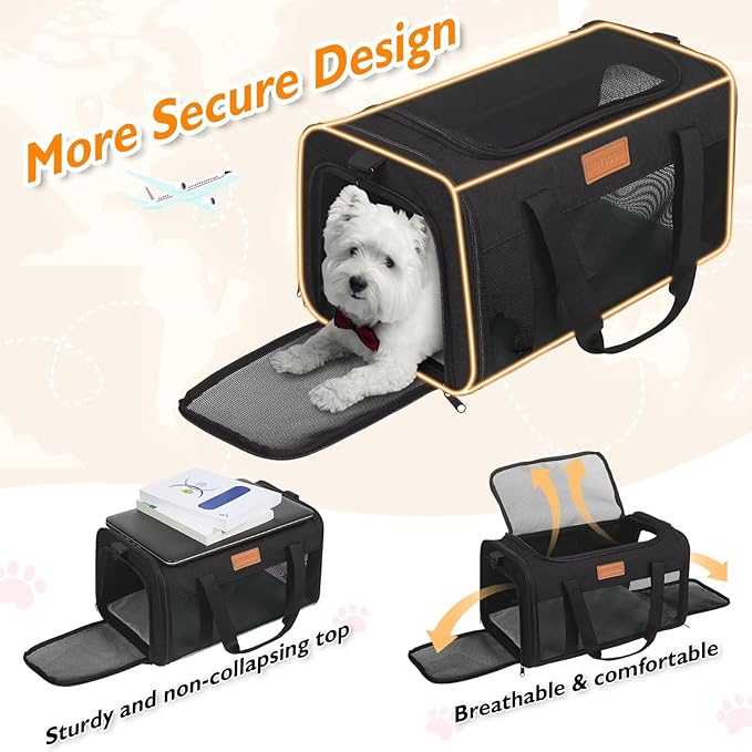 PETUX Pet Carrier Airline Approved, 17"x11"x9.5" Portable Cat Carrier Soft with Anti-Scratch Mesh for Small Cats up to 12 lb, Top Open Breathable Dog Carriers for Puppy up to 10 lb (Black)