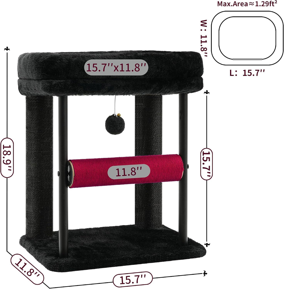 Hey-brother Cat Tree, Sturdy Tower with Sisal-Wrapped Columns - 18.9 inches / Black and Red - image 3