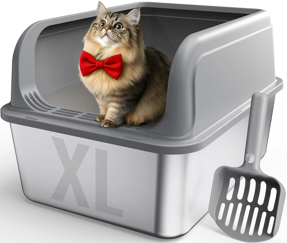 Powools Stainless Steel Cat Litter Box, High-Sided, M - XL (1 Pack) / Grey