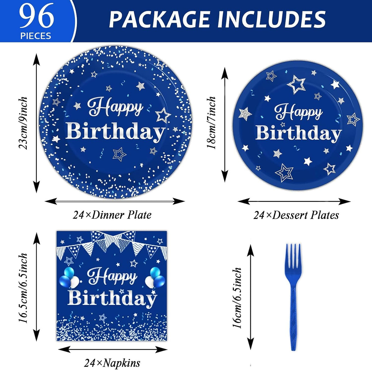 Tevxj navy blue and silver happy birthday tableware set with plates, napkins and forks for 24 - view 38