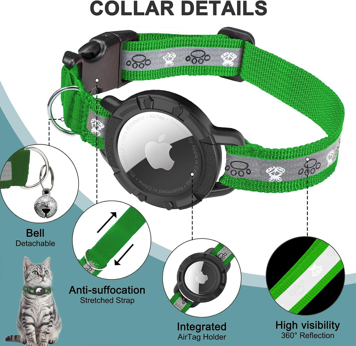 Reflective AirTag Cat Collar - Emerald / XS(7"-9") - image 2