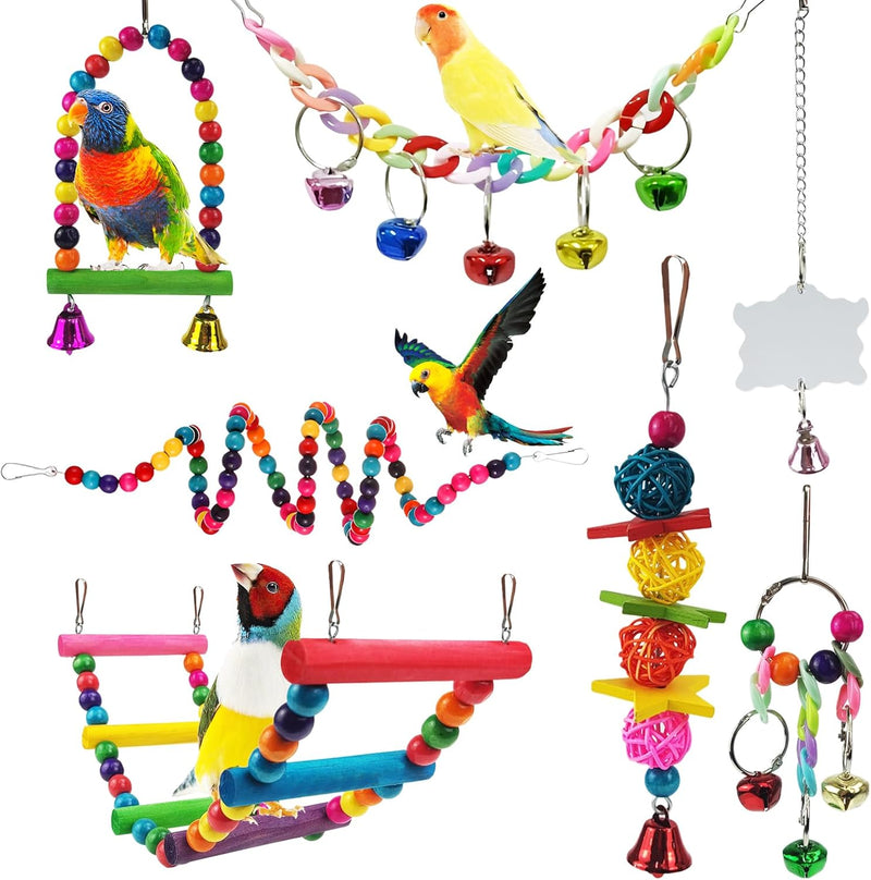 Parakeet Toys,7 Pcs Colorful Bird Toys for Parakeets,Pet Bird Cage Hammock Swing Climbing Ladders