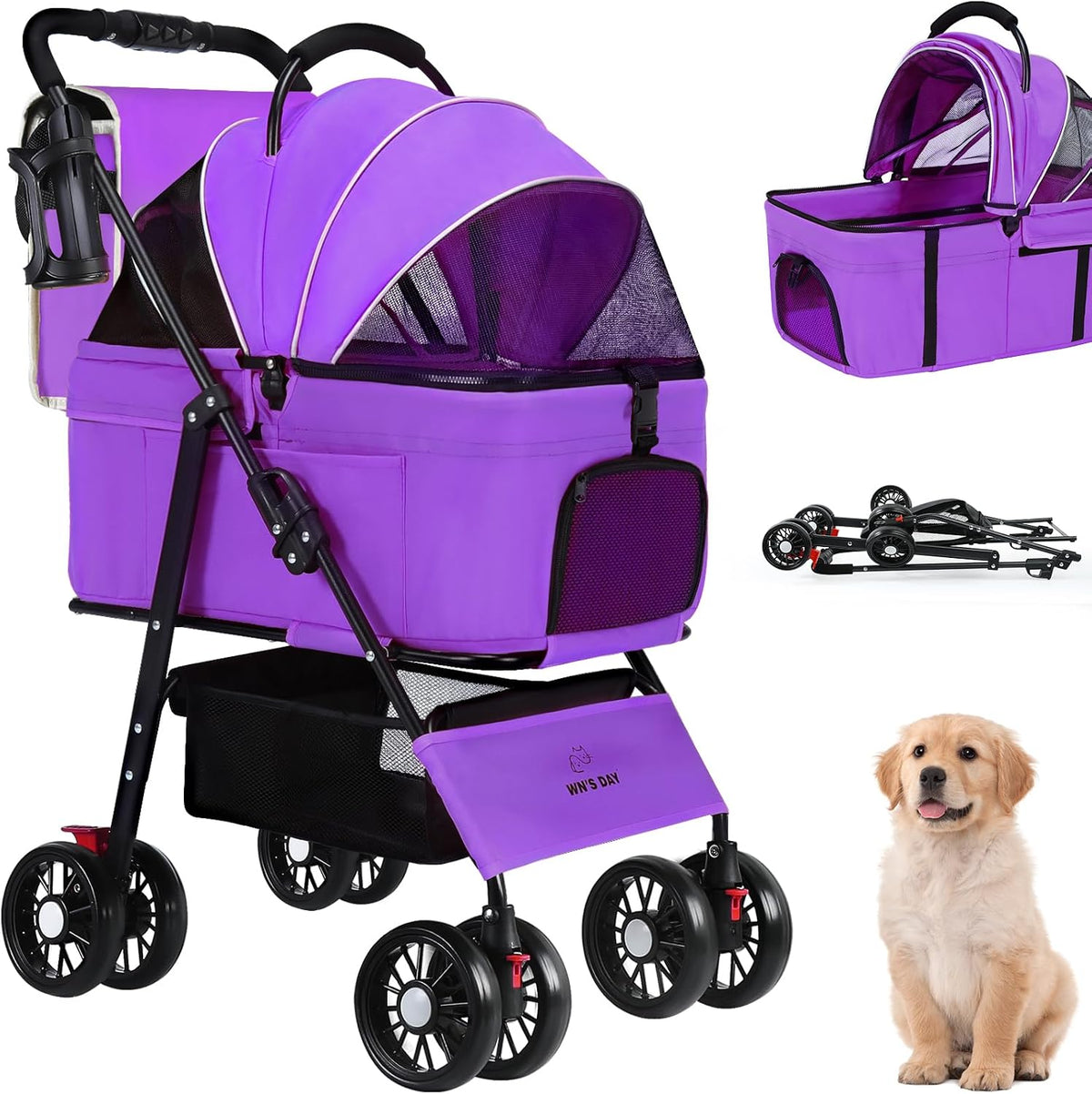 3 in 1 Pet Dog Stroller for Small Medium Dogs 10-50 lbs - Purple