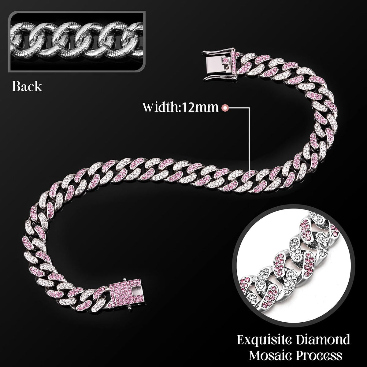 LEIFIDE Cuban Link Dog Collar Chain 12mm, Rose Gold, Pink - 10 Inches / Silver, Pink White - image 2