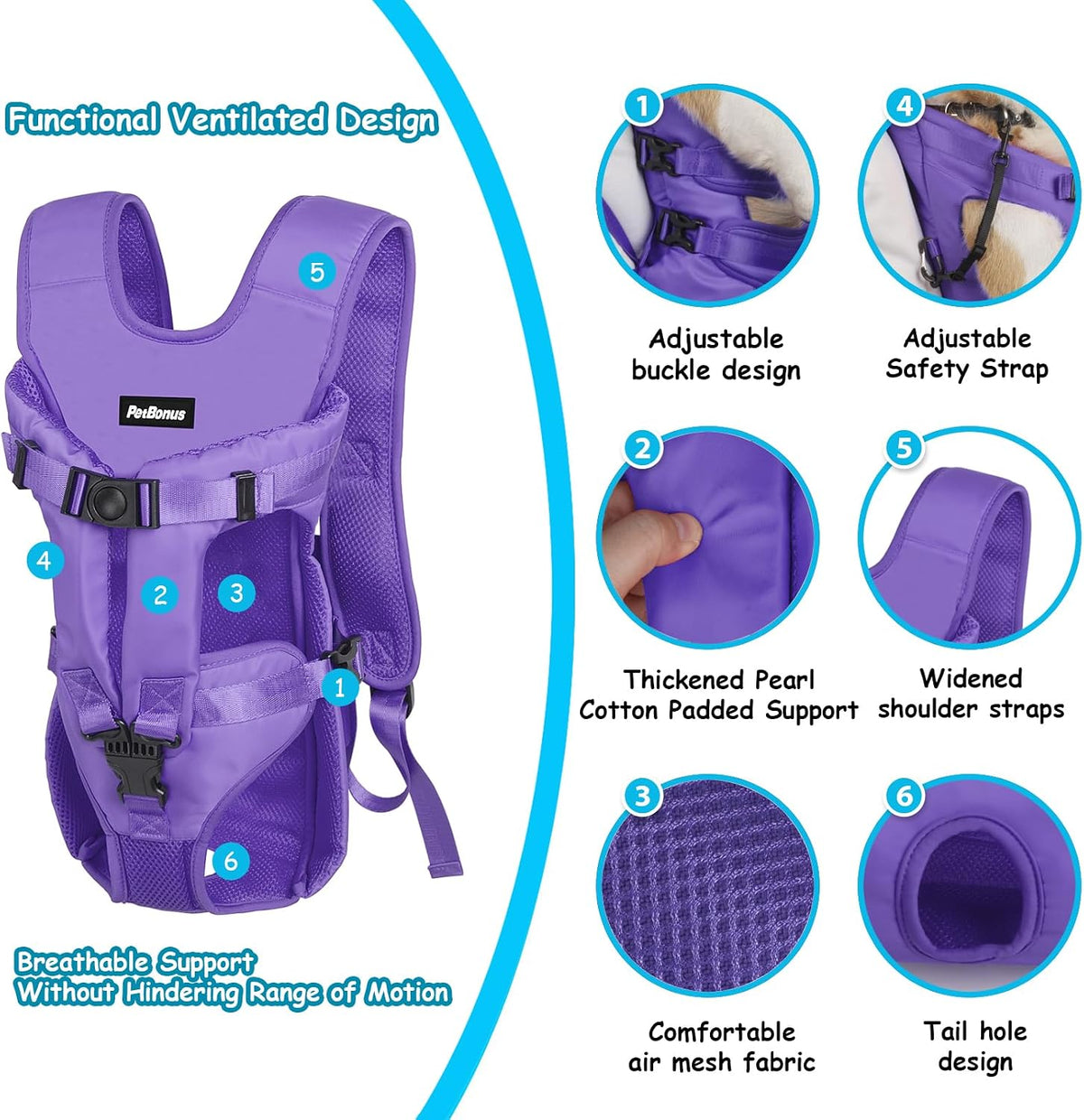 Pet Front Dog Carrier Backpacks, Adjustable Pet Backpack - Purple / Medium - image 2