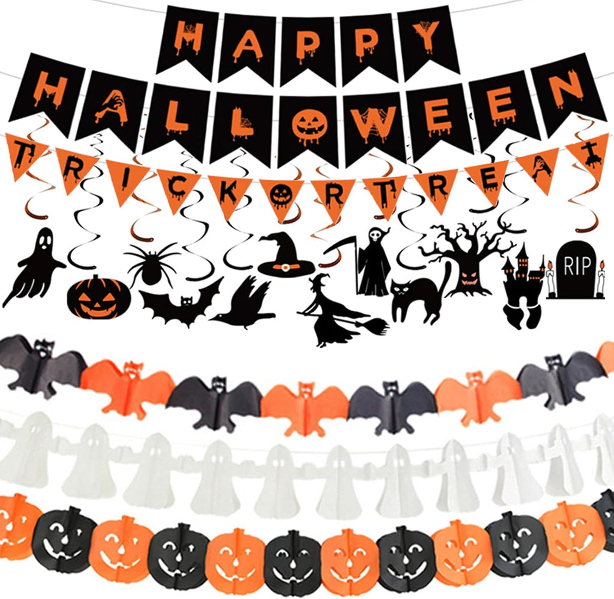 Gusgrop Halloween decorations set with Happy Halloween and Trick or Treat banners and bat garlands - view 2