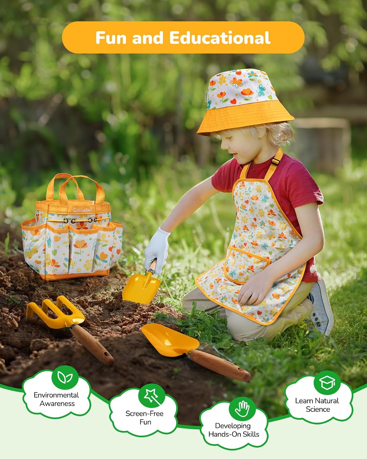 Grenebo 8-Piece Kids Gardening Set with Garden Tools for Kids - E-yellow - image 4