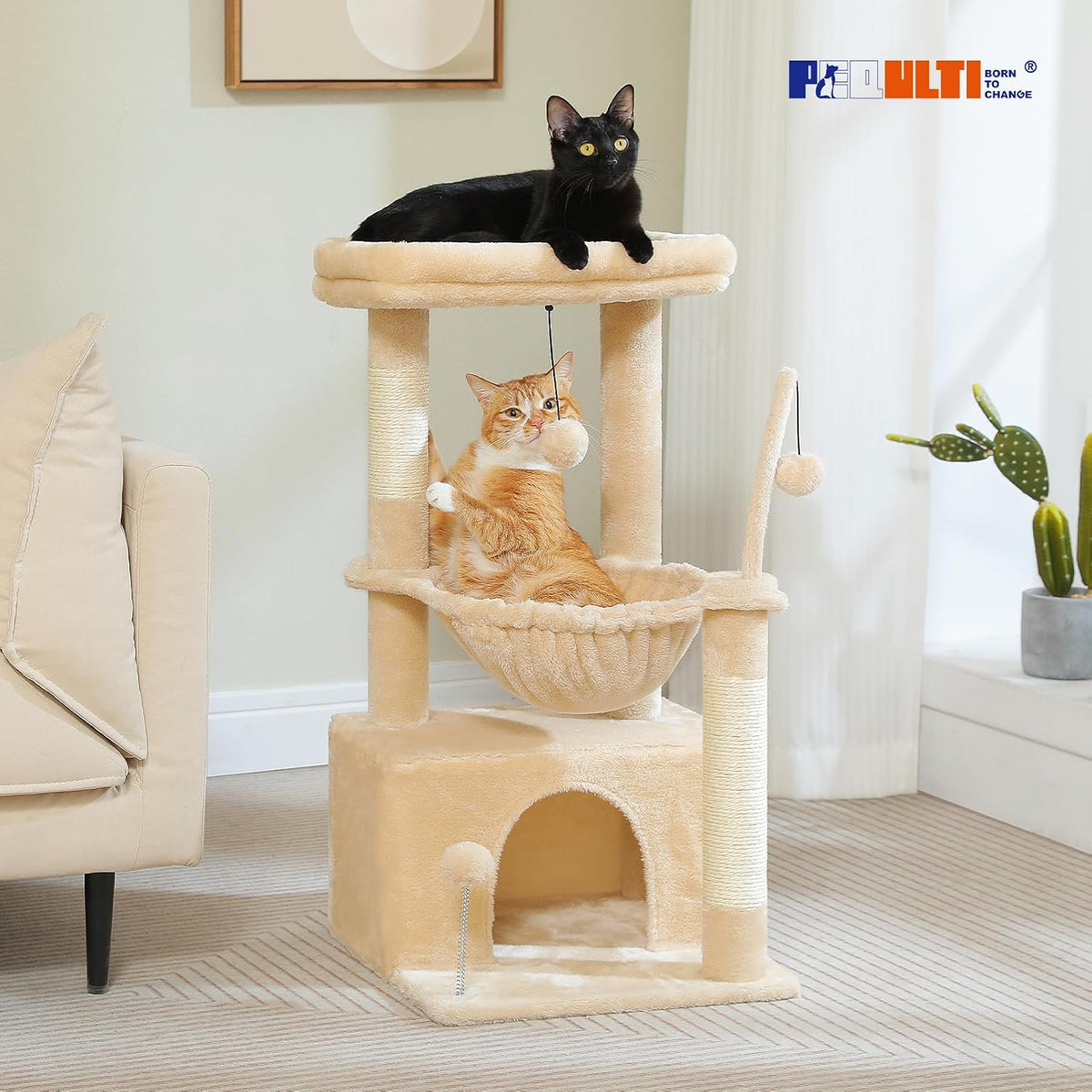 PEQULTI Small Cat Tree Tower for Indoor Cats - Beige / L(15.8"L x 15.8"W x 33"H) - image 2