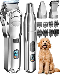 oneisall Dog Clippers for Grooming Thick/Heavy Coats, 4-in-1 Dog Grooming Kit Low Noise with Stainless Steel Blade, Cordless Dogs Paw Trimmer Pet Nail Grinder for Small & Large Dogs Cats Animals