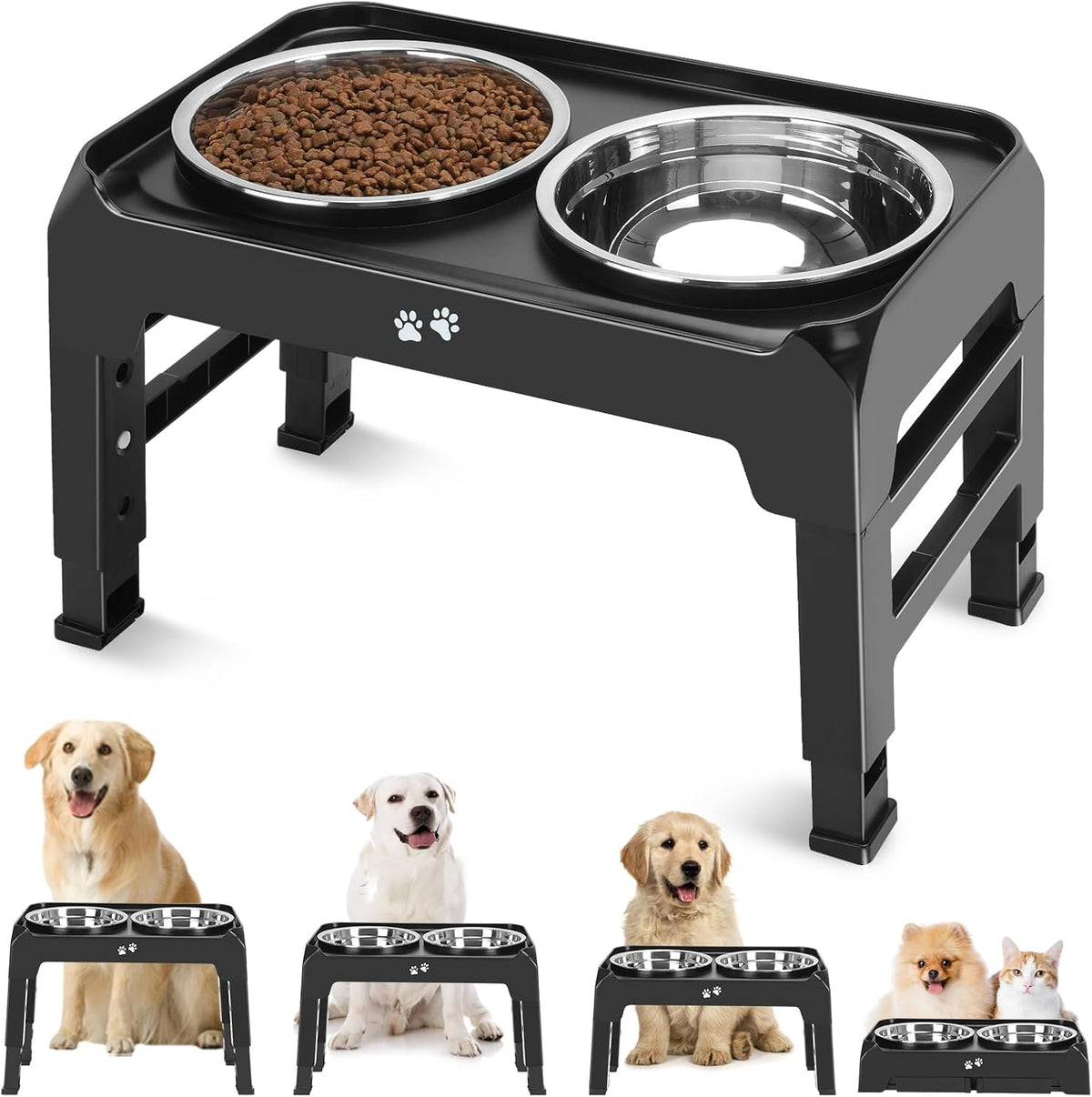 Elevated Bowls, 4 Height Adjustable Raised Stand With 2 Thick 50oz Stainless Steel Food Bowls - Black / 8" for Medium Dogs