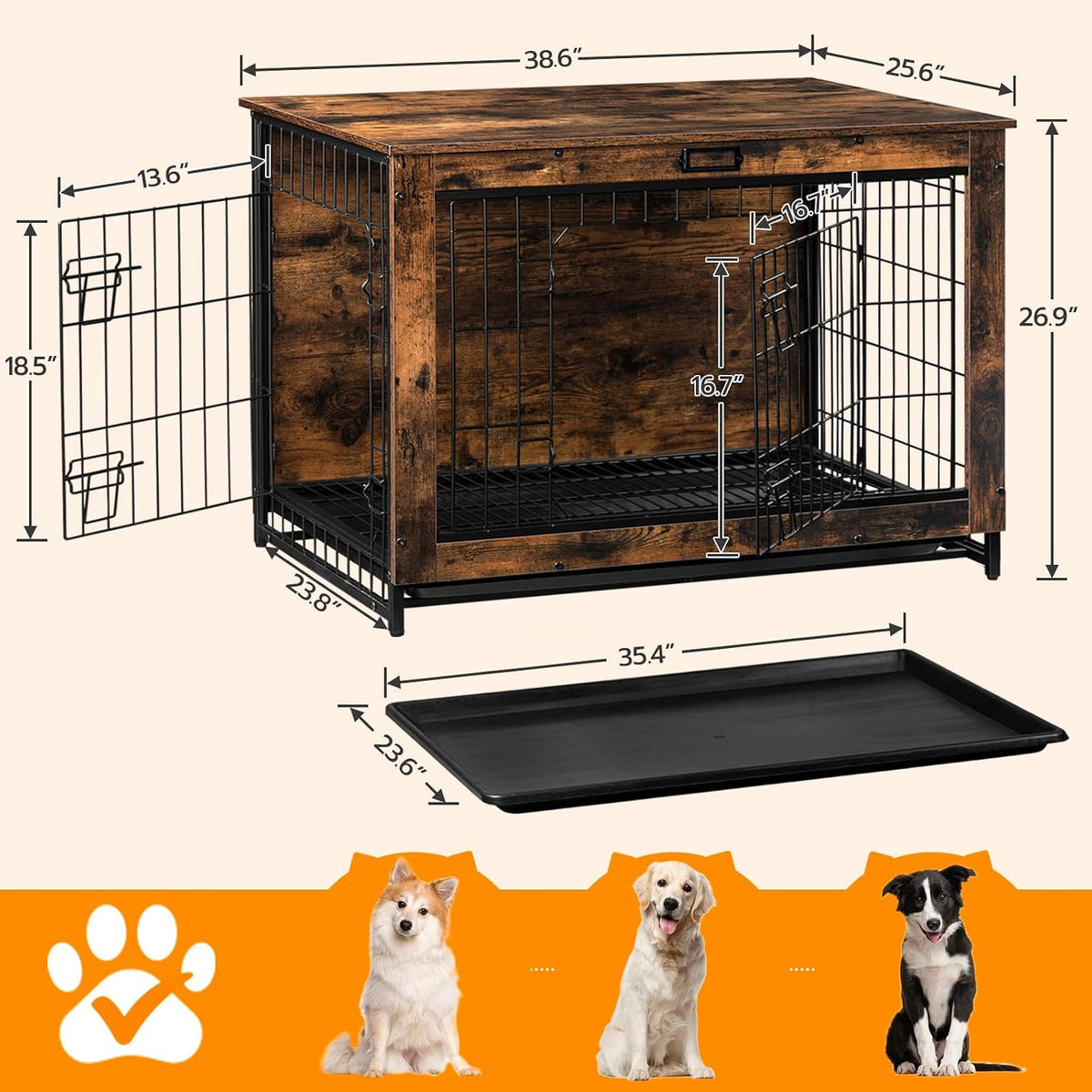 HOOBRO Dog Crate Furniture, 38.6" Large Dog Kennel Indoor - 38.6"L x 25.6"W x 26.9"H / Rustic Brown - image 3