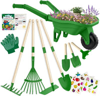 Qtioucp Kids Gardening Set with Wheelbarrow - Green2