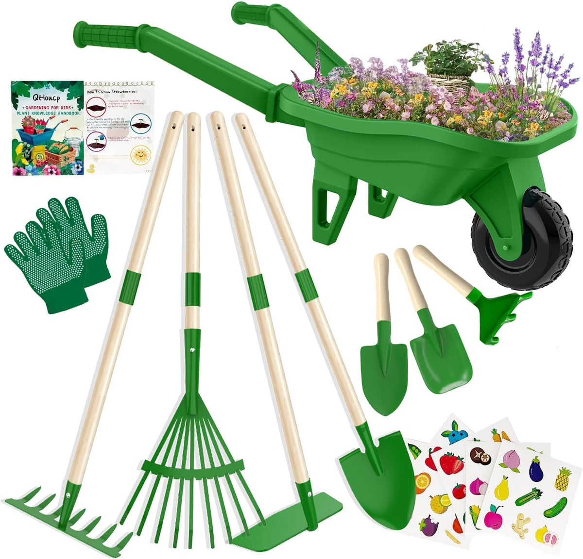 Qtioucp Kids Gardening Set with Wheelbarrow - Green2